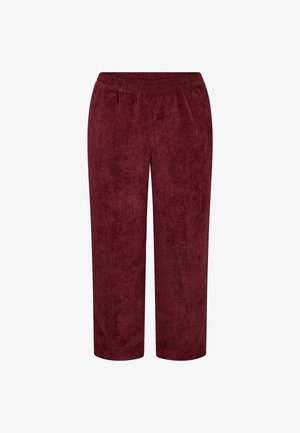 Pantaloni de catifea bordo cu croială cu picioare largi, talie elastică și țesătură texturată. Fără buzunare sau închideri vizibile.