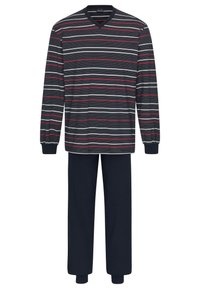 Herrens pyjamasset bestående av en långärmad topp med marinblå ränder och V-hals samt marinblå byxor med elastiska muddar, tillverkade av mjukt tyg.