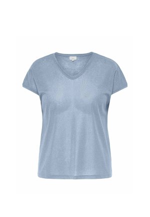 Lyseblå kvindes T-shirt med korte ærmer, V-hals, afslappet pasform og blødt, let skinnende stof.