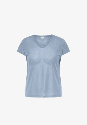 Lichtblauw T-shirt voor dames met korte mouwen en V-hals, in een ontspannen pasvorm en gemaakt van zacht, lichtglanzend materiaal.