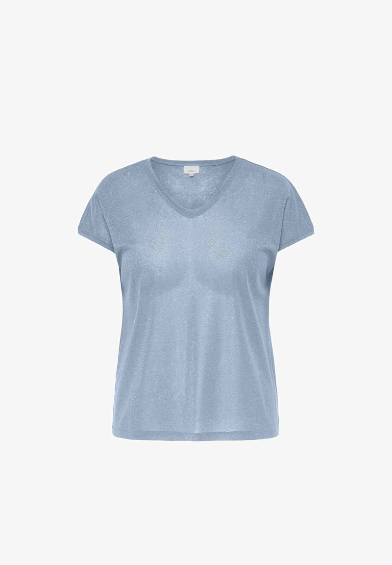 Γαλάζιο γυναικείο T-shirt με κοντά μανίκια και V-λαιμόκοψη, με άνετη εφαρμογή και μαλακό, ελαφρώς γυαλιστερό ύφασμα.