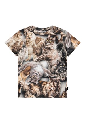 Short-sleeve t-shirt featuring a multicolored print of various cats. Made of soft fabric, with a crew neck and a relaxed fit.