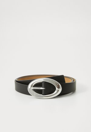 Black leather belt with a glossy silver oval buckle. Smooth texture, minimal design, and inner tan detailing. Length adjustable.