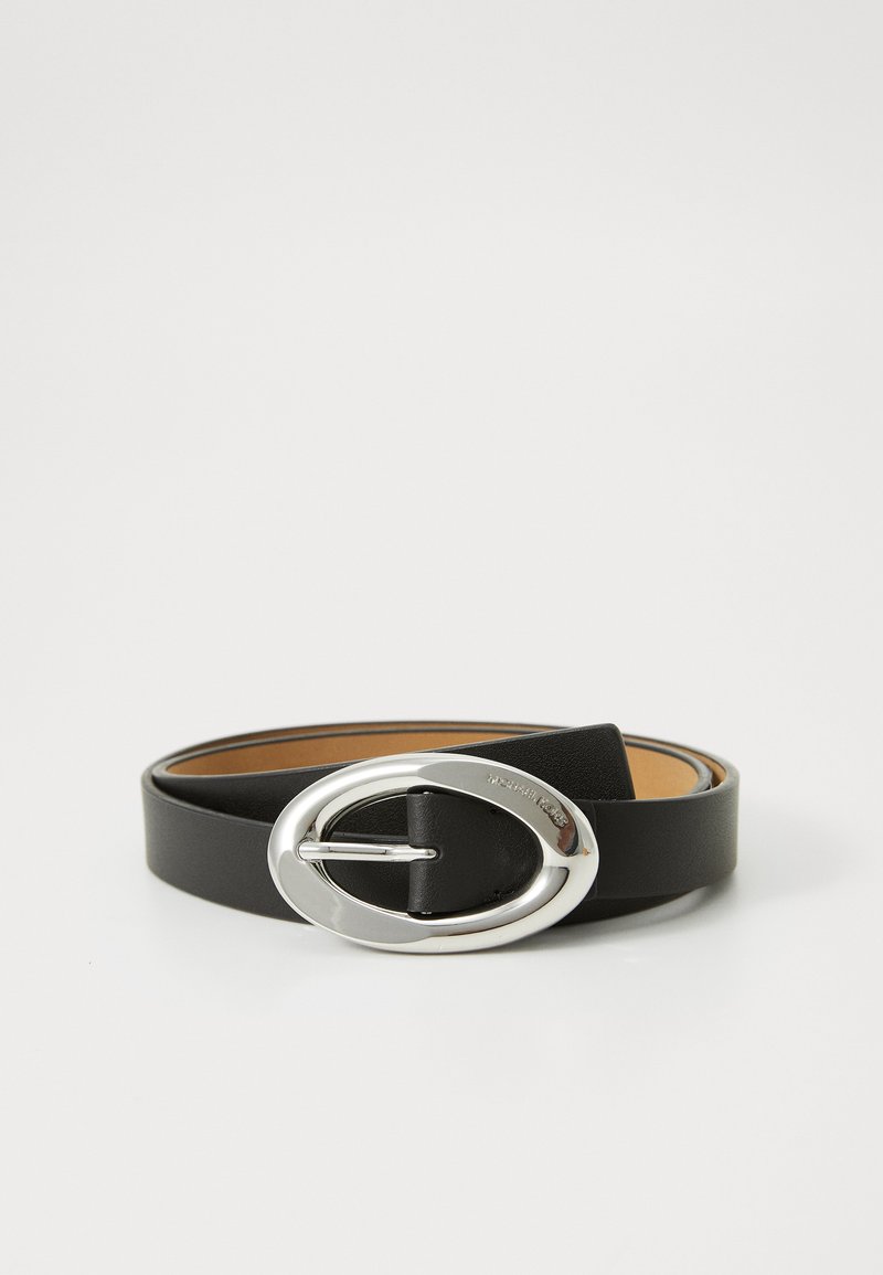 Black leather belt with a glossy silver oval buckle. Smooth texture, minimal design, and inner tan detailing. Length adjustable.
