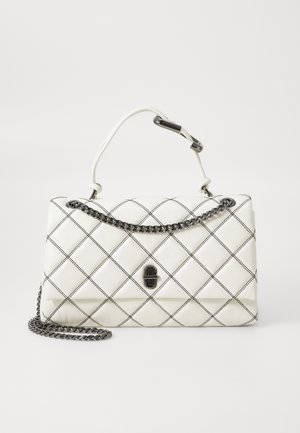 Quilted white handbag with black stitching. Features a chain strap and a logo emblem. Made of leather with a structured rectangular shape.