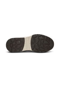 Semelle de chaussure avec un motif de bande de roulement en caoutchouc noir robuste, featuring un entre-semelle crème et des détails texturés pour une meilleure adhérence et durabilité.