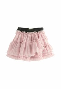 Gonna in tulle rosa con più strati di volant, vita elastica nera e una texture morbida e trasparente. Adatta per occasioni informali.