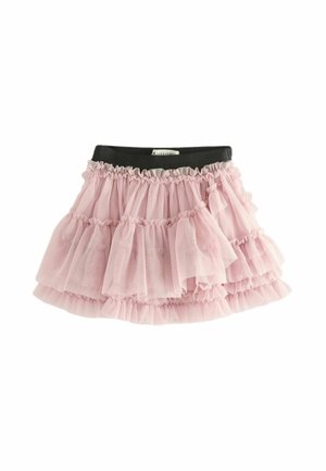 Roze tule rok met meerdere lagen volants, elastische zwarte tailleband en een zachte, transparante textuur. Geschikt voor casual gelegenheden.