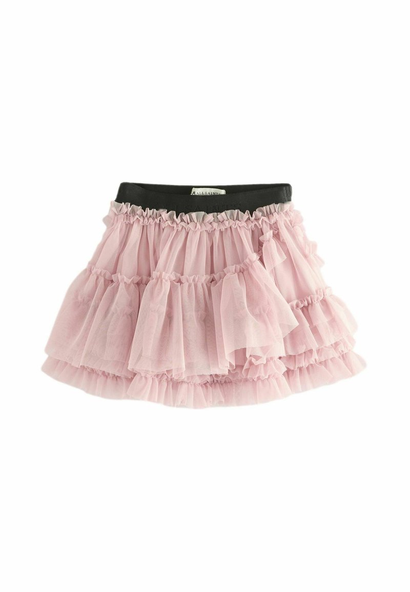 Gonna in tulle rosa con più strati di volant, vita elastica nera e una texture morbida e trasparente. Adatta per occasioni informali.