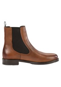 Botte Chelsea en cuir marron avec panneaux latéraux élastiques noirs, talon bas et languette à l'arrière, présentée en profil latéral sur fond blanc.