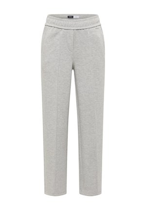 Pantalon de survêtement gris clair à jambes droites avec poches latérales et taille élastique, fabriqué en tissu doux et texturé.