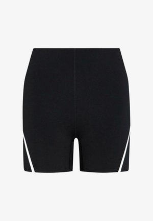 Svarte svømmebokser med høy livhøyde, med hvite diagonale detaljer på sidene. Glatt, elastisk materiale med en tettsittende design.