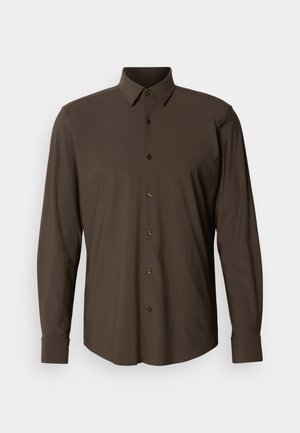 Brown long-sleeve shirt with a button-up front, standard collar, and single cuffs. Smooth fabric with a subtle sheen and dark buttons.
