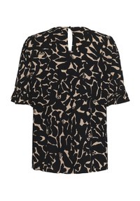 Blouse noire à manches courtes avec un motif abstrait beige, dotée d'une fermeture par clé à l'arrière et d'un tissu doux et texturé.