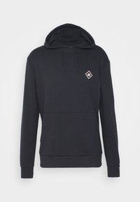 Zwarte pullover hoodie van zacht materiaal, met een voorste kangaroozak, een verstelbare capuchon met trekkoorden en een diamantlogo-detail.