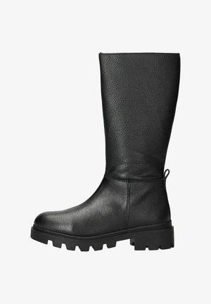 Zwarte leren laars tot halverwege de kuit met een ronde neus, gestructureerd oppervlak, dikke profielzool en een trekband aan de achterkant voor gemakkelijk aan- en uittrekken.