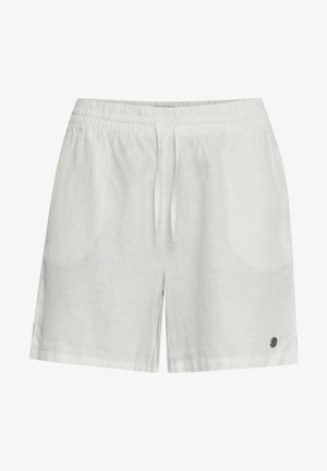White linen shorts with an elastic waistband, adjustable drawstring, side pockets, and a small logo detail on the lower side.