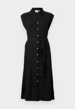 Black linen dress with short sleeves, button front, and a waist belt. Features a collar and a long, flowing design.