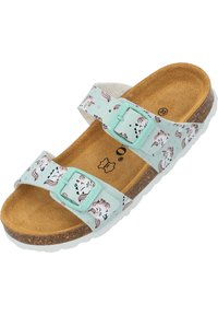Blå och vit mönstrad slidesandal med två justerbara spännen, korkfotbädd och vit gummisula med design av enhörningar och stjärnor.