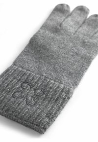 Grau gestrickter Handschuh mit ribbeltem Bund, mit einem gestickten Schmetterlingsdesign. Hergestellt aus weichem, strukturiertem Garn für Wärme und Komfort.