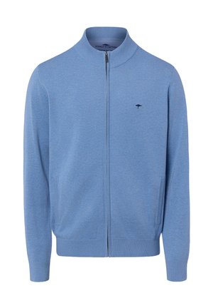 Light blue zip-up sweater with ribbed collar, cuffs, and hem, featuring a small dark embroidered logo on the left chest.
