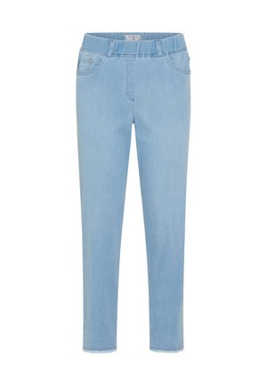 Lyseblå denimbukser med elastisk talje, for- og baglommer, lige ben og syningsdetaljer.