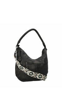 Bolso hobo de cuero negro con un acabado texturizado, que presenta un asa trenzada, un bolsillo con cremallera y una correa ajustable con un diseño.