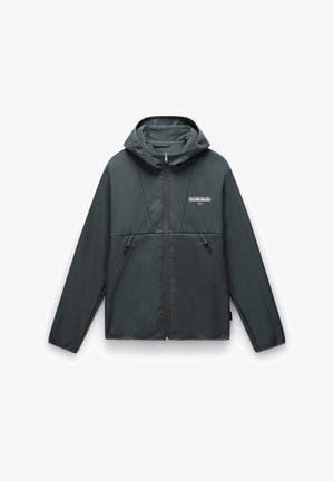 Donkere grijze jas met een capuchon. Heeft een ritssluiting, twee zijzakken en een klein logo op de borst. Gemaakt van glad, lichtgewicht materiaal.