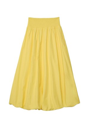 Gul ankel-lang nederdel med bred elastisk talje og samlet stof for en flydende silhuet.