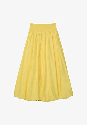 Gul ankel-lang nederdel med bred elastisk talje og samlet stof for en flydende silhuet.