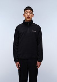 Black fleece pullover with a high collar and quarter-zip, featuring a small logo detail on the chest. Smooth texture and relaxed fit.