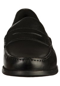 Mocassini neri in pelle con una texture liscia, caratterizzati da dettagli a doppia cucitura e una suola bassa. Design semplice senza decorazioni aggiuntive.