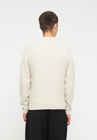 Suéter ligero color beige con un corte relajado, puños y dobladillo de canalé, tejido texturizado y un diseño de cuello clásico. Costuras visibles y parte posterior lisa.