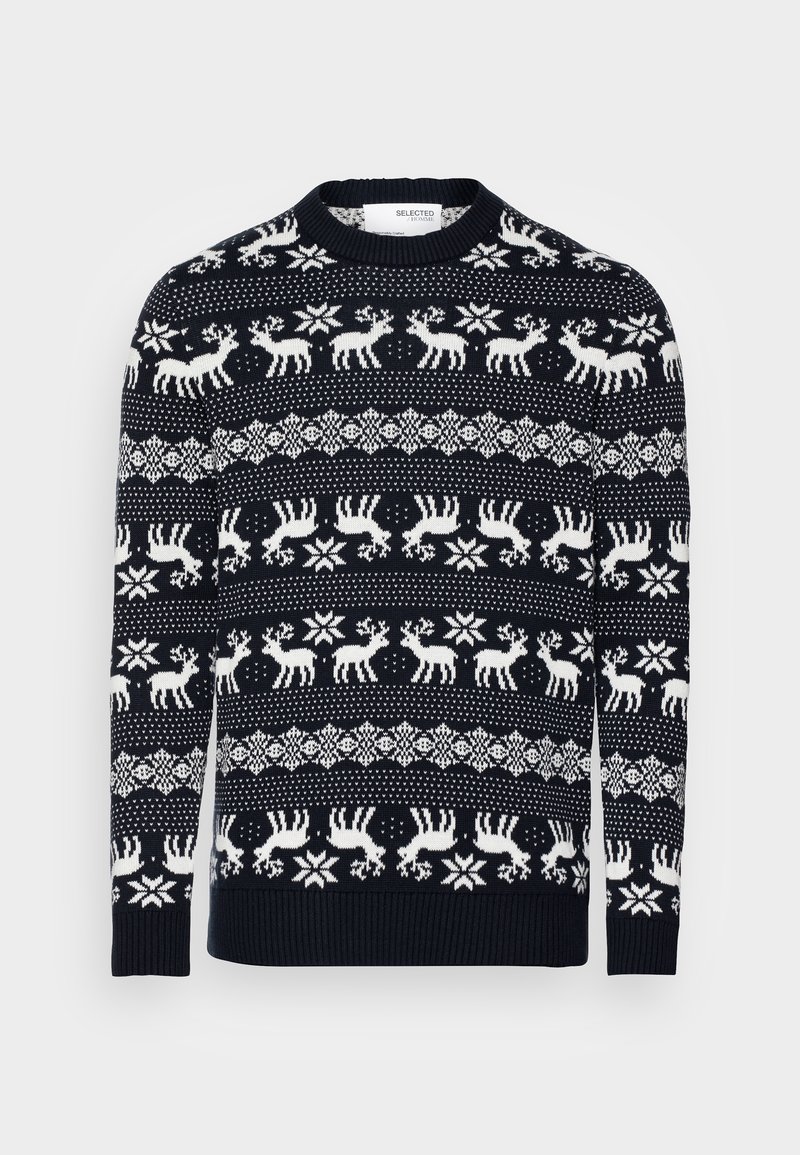 Granatowy sweter z zimowym wzorem, przedstawiającym białe renifery i płatki śniegu. Dzianinowy fason z okrągłym dekoltem i ściągaczami na mankietach.