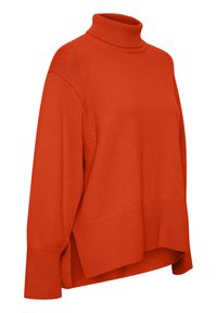 Pulover turtleneck portocalie din tricot moale. Caracteristici: o croială lejeră, manșete cu nervuri și umeri căzuți, cu slits laterale pentru un plus de confort.