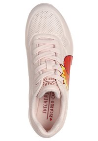 Light pink sneaker with a textured surface, perforated details, flat laces, and a colorful graphic design featuring red and yellow accents.