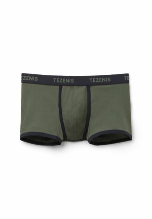 Olivgrüne Herren-Boxershorts mit schwarzem Bund und Nähten, mit "TEZENIS"-Markenaufdruck auf dem Bund.