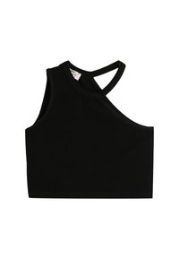 Musta ribbed crop top, jossa on hihaton muotoilu ja ristikkäinen hihnadesign selässä. Sujuva rakenne ja tiukka siluetti.