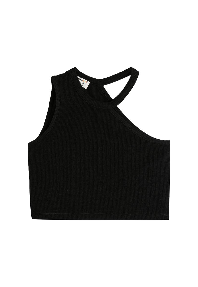 Musta ribbed crop top, jossa on hihaton muotoilu ja ristikkäinen hihnadesign selässä. Sujuva rakenne ja tiukka siluetti.