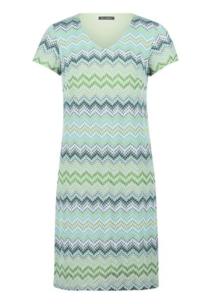 Kurzarmkleid mit V-Ausschnitt und Zickzackmuster in Grün-, Blau-, Schwarz- und Weißtönen.