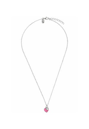 Srebrny łańcuszek z różowym, w kształcie serca, zawieszką i małym przezroczystym kamyczkiem, wyposażony w regulowany zamek i przedłużki.