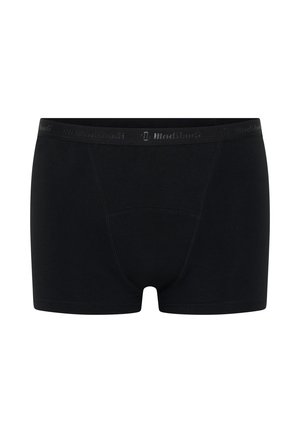 Black cotton boxer shorts with a snug fit, featuring a smooth waistband with embossed logo, and reinforced stitching.