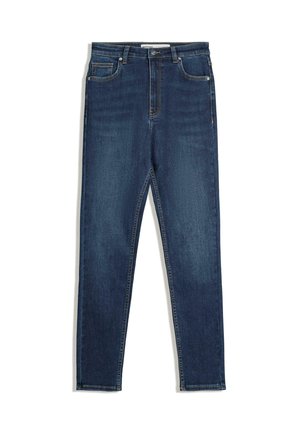 Dark blue denim jeans with a high waist, straight leg fit, five pockets, and gold stitching detail. Smooth texture, classic design.