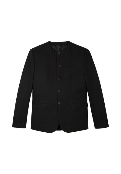 Blazer nero con collo rotondo, sei bottoni, due tasche frontali, una tasca sul petto e una texture liscia. Nessun motivo visibile.