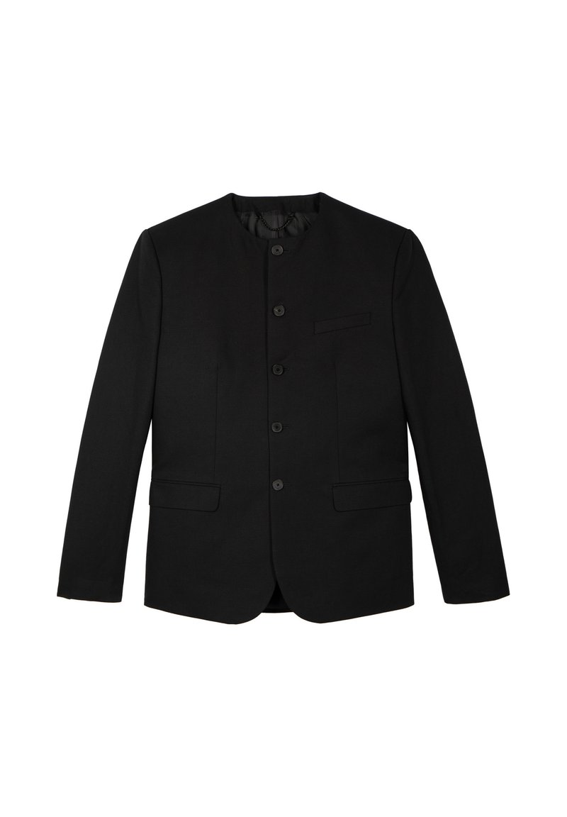 Black blazer with a round neck, six buttons, two front pockets, a single chest pocket, and a smooth texture. No visible patterns.