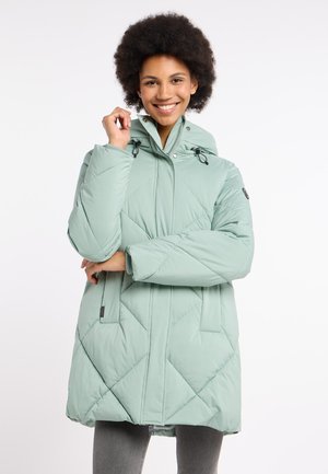 Light green puffer coat with a hood, featuring diamond quilted design, zippered pockets, and drawstring accents. Soft texture.