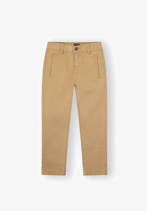 Chinos color beige de algodón con una textura suave, que cuentan con bolsillos frontales, un diseño de pierna recta y un cierre de botón en la cinturilla.