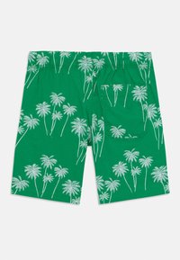 Gröna shorts i tyg med ett vitt palmträdsmönster. Elastisk midja och en bakficka på högra sidan.