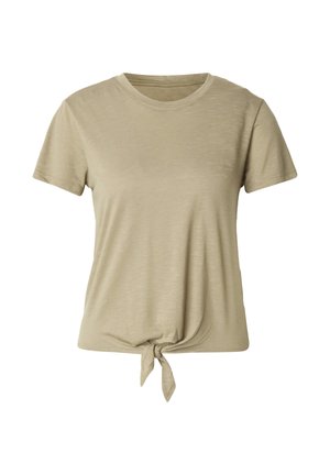 Beige T-skjorte med korte ermer for kvinner, rund hals og detaljert knute foran ved kanten, ensfarget stoff.