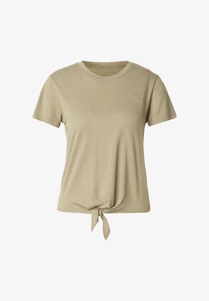 Beige T-skjorte med korte ermer for kvinner, rund hals og detaljert knute foran ved kanten, ensfarget stoff.